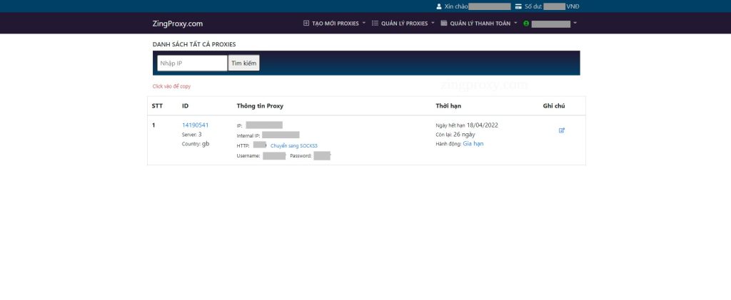 Proxy sẽ đi kèm với các thông tin cần thiết cho việc sử dụng