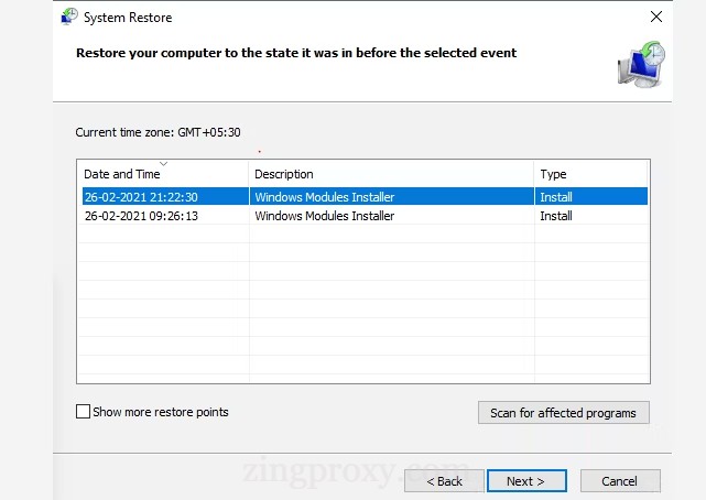 Chọn Restore Point để xem lỗi ở đâu