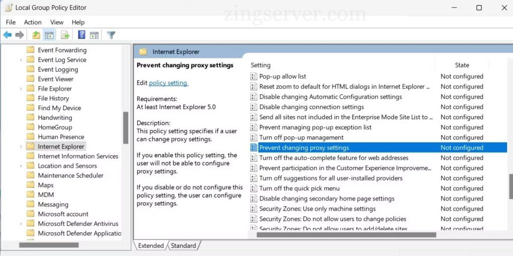 Chọn đúp Prevent changing proxy settings