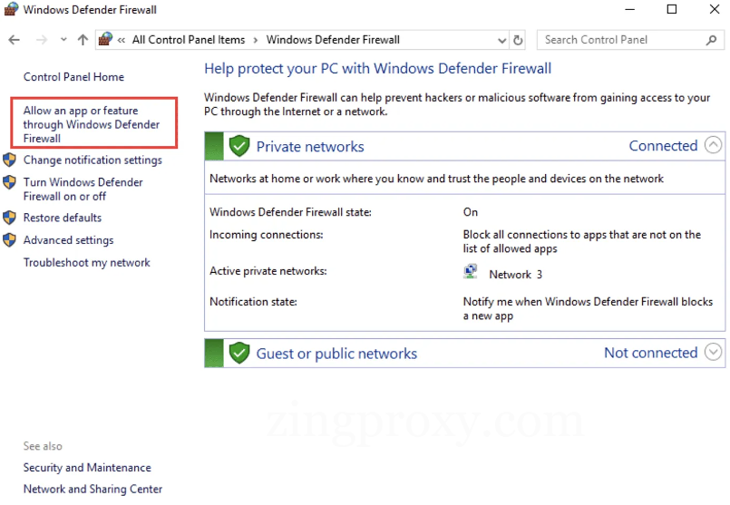 Chọn Allow an app or feature through Windows Defender Firewall