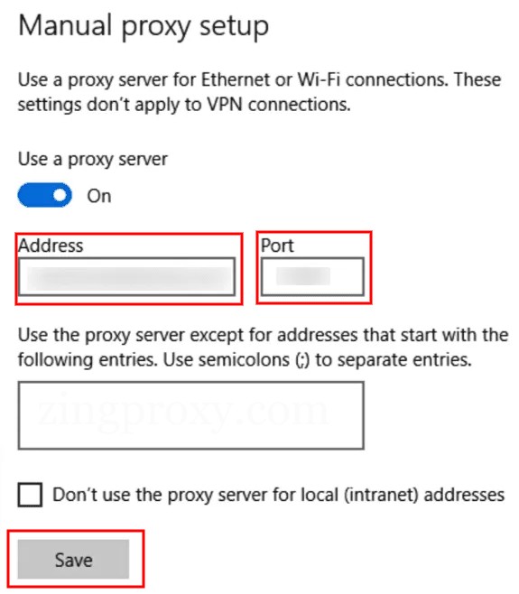 Nhập thông số proxy trong Manual proxy setup