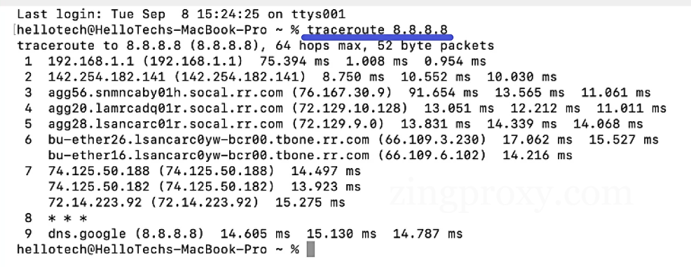 Kết quả hiển thị khi nhập traceroute trong terminal