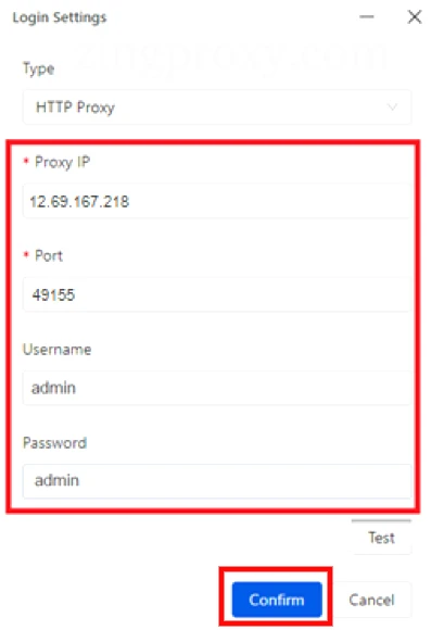 Chọn loại máy chủ proxy và nhập các thông tin thiết yếu