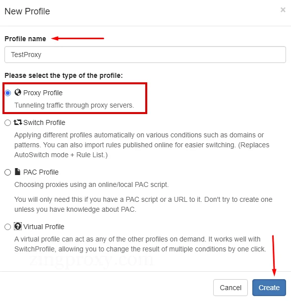 Click vào nút create để tạo hồ sơ cho proxy