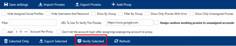 Kiểm tra lỗi proxy với Verify Selected