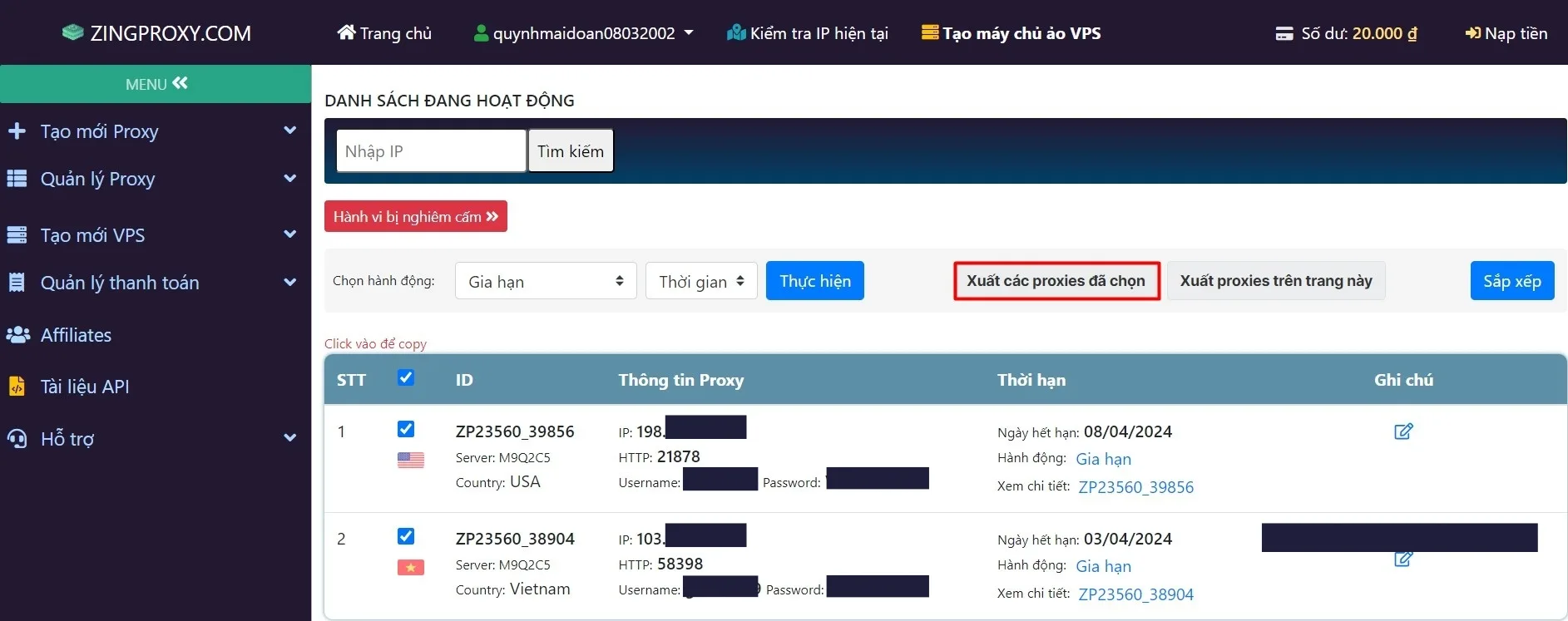 Danh sách Proxy đăng nhập