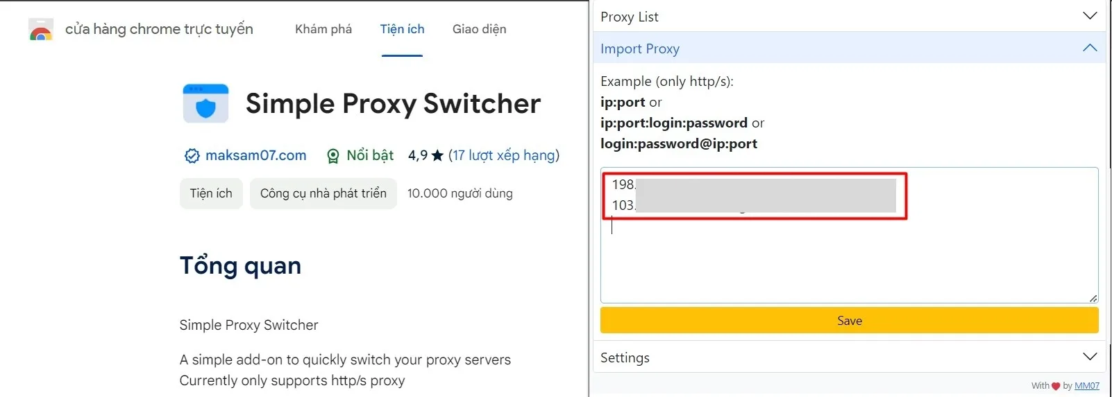 Nhập danh sách Proxy