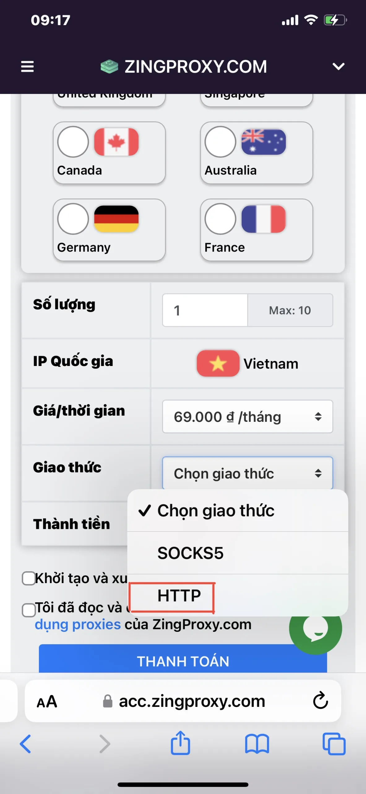 Đăng nhập Proxy trên Iphone sử dụng cổng HTTP.