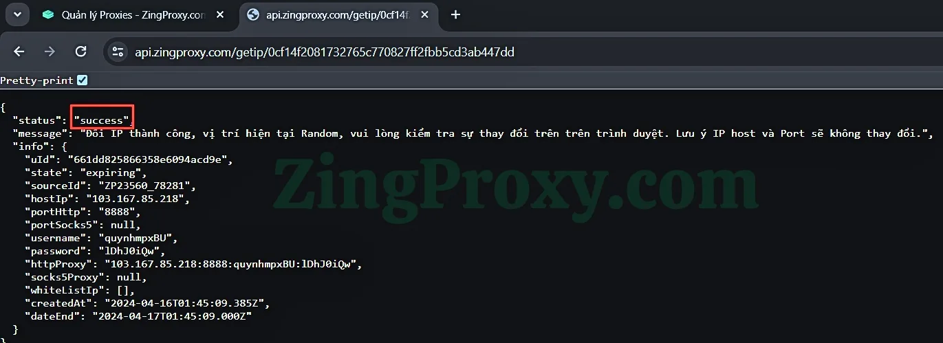 Link tự động thay đổi IP thành công