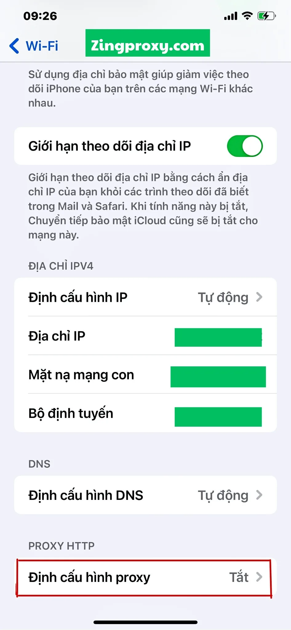 Nhập địa chỉ IP vừa Copy vào Định cấu hình Proxy tại mục Wifi. (1)