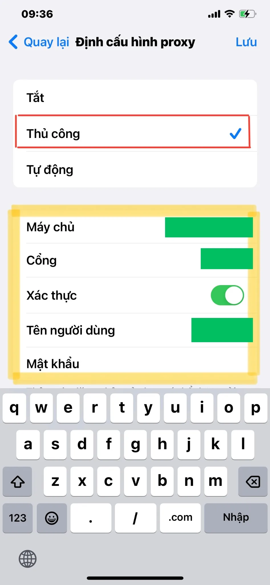Nhập địa chỉ IP vừa Copy vào Định cấu hình Proxy tại mục Wifi. (2)