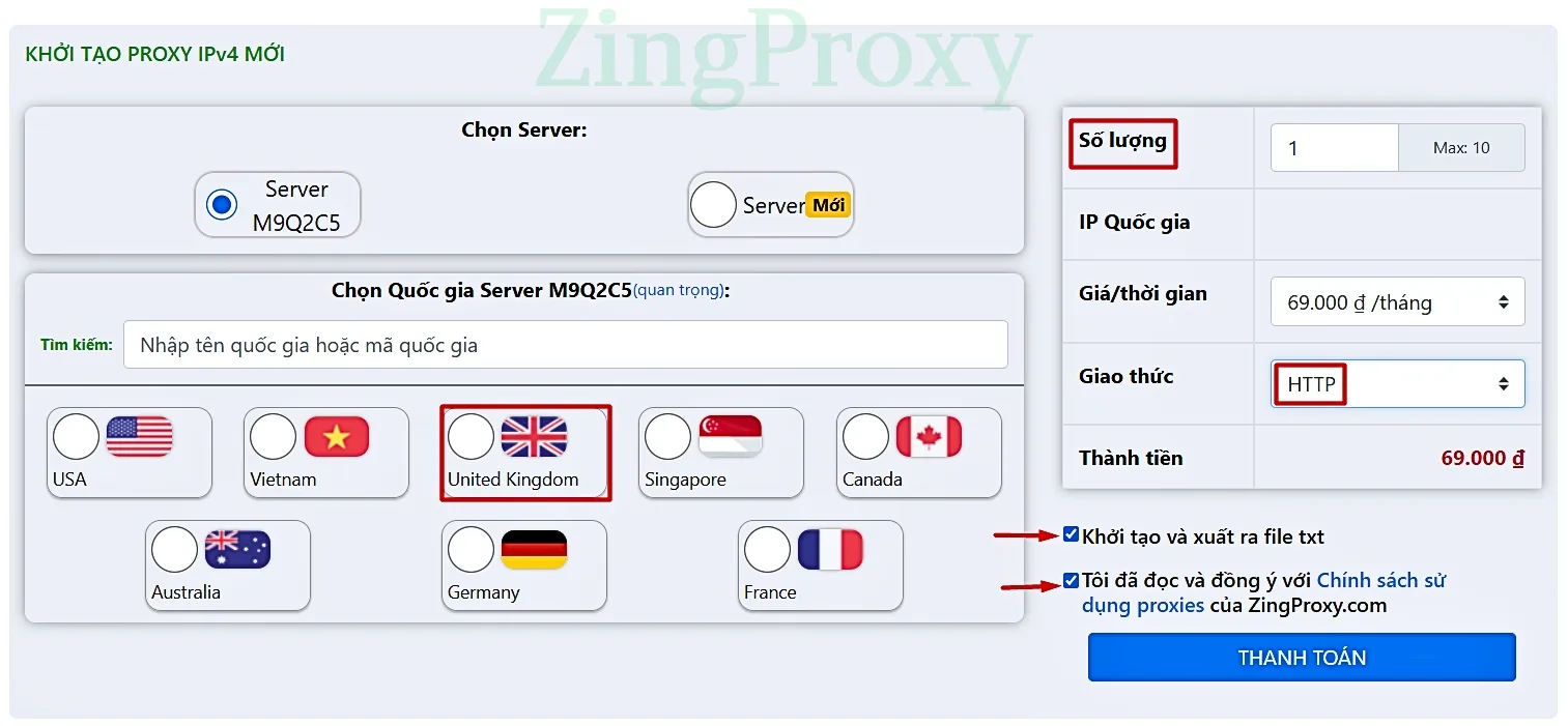 Lựa chọn quốc gia, số lượng và giao thức tùy theo nhu cầu của bạn