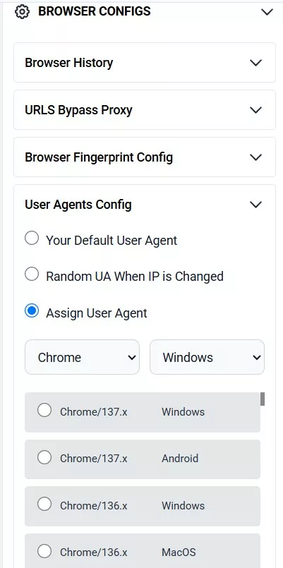 Tính năng gán User Agent hoặc Random User Agent hoặc đặt mặc định User Agent trinh duyệt