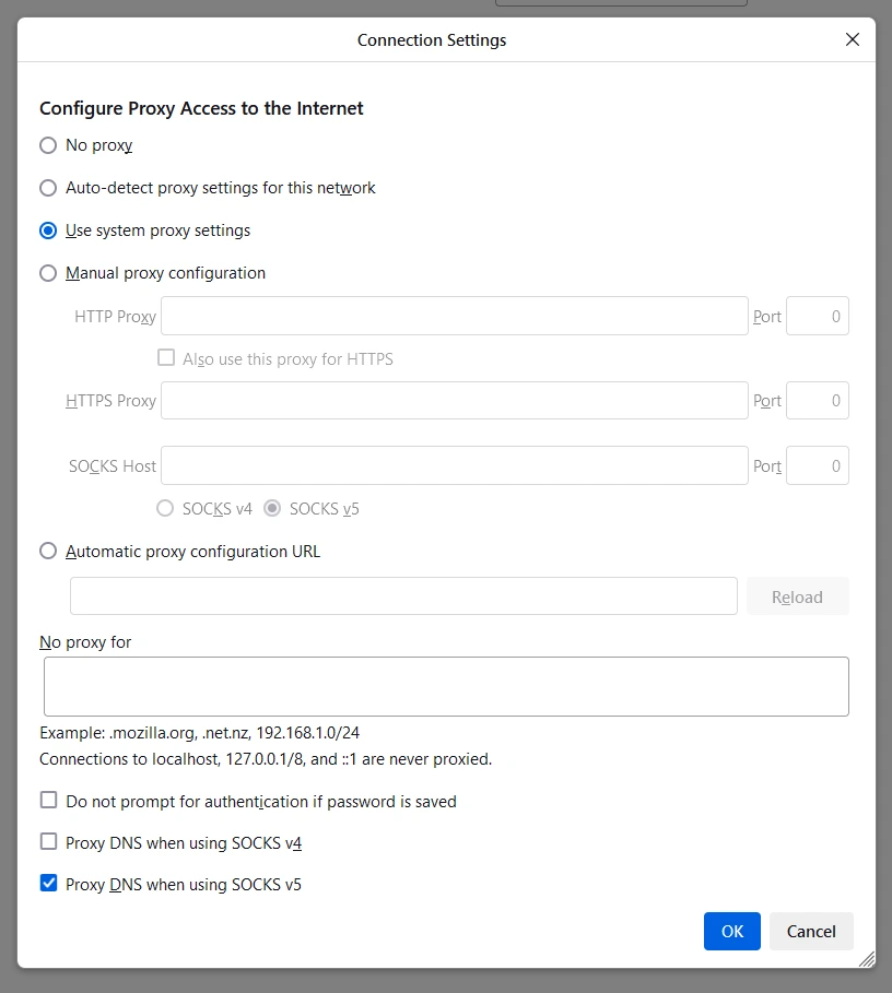 Cửa sổ Connection Settings của Firefox