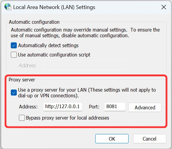 Cửa sổ LAN Settings của Windows