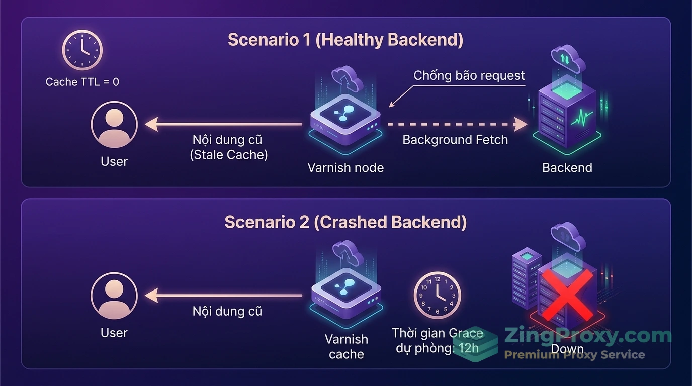 Sơ đồ mô tả cơ chế Grace Mode của Varnish Cache giúp phục vụ nội dung cũ khi máy chủ gốc gặp sự cố quá tải.