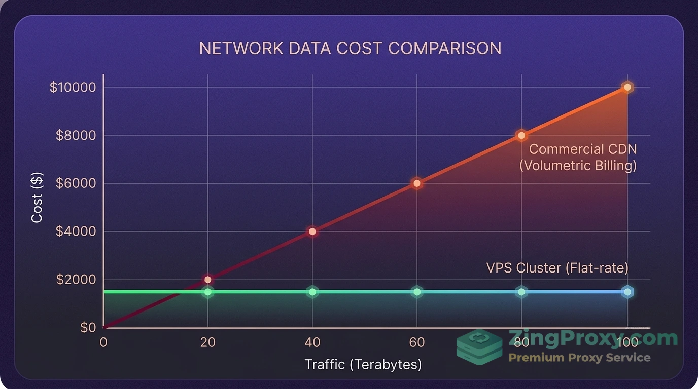 Biểu đồ so sánh chi phí giữa CDN thương mại tính theo dung lượng và máy chủ VPS khi xây dựng CDN nội bộ.