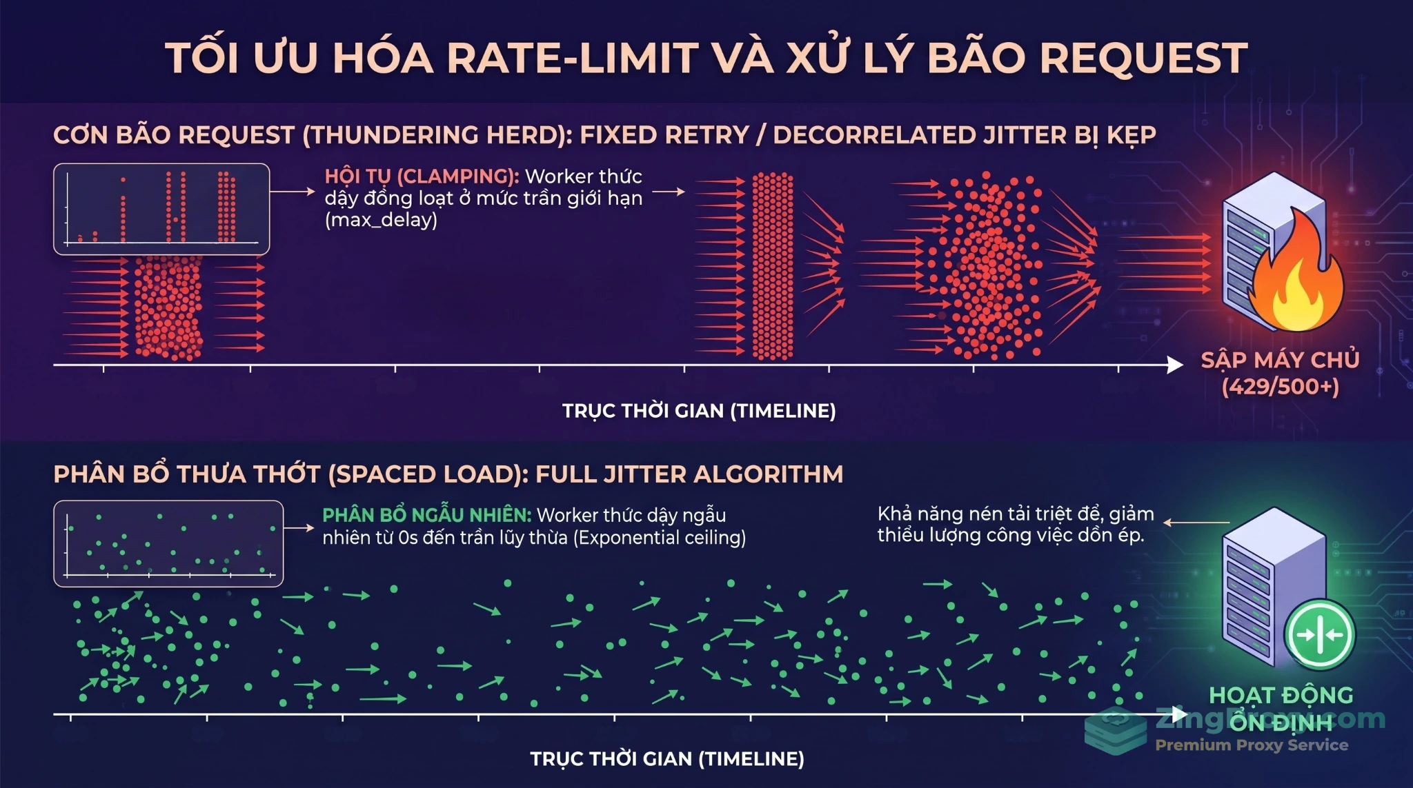 Biểu diễn thuật toán Full Jitter giúp phân tán lượng request đồng loạt để tránh hiện tượng dội bom Thundering Herd.